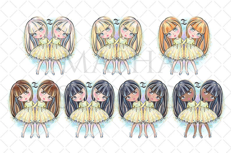 Puede incluir: Una colecci&oacute;n de ilustraciones del signo zodiacal G&eacute;minis. Cada una presenta dos figuras de dibujos animados con diferentes colores de cabello, vestidas con vestidos amarillos. El s&iacute;mbolo de G&eacute;minis est&aacute; encima de cada par. Fondo con patr&oacute;n de diamantes azul claro y blanco.