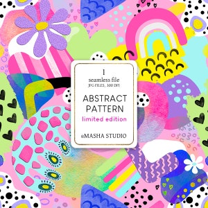 May include: Abstract seamless pattern featuring bright colours, geometric shapes, and playful elements such as hearts, dots, and swirls. The pattern is ideal for digital and print projects.
