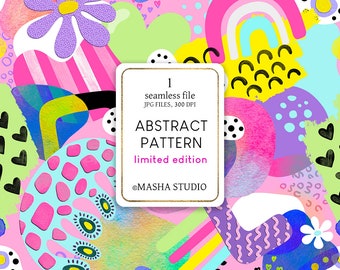 May include: Abstract seamless pattern with bright colors, geometric shapes, and playful elements like hearts, dots, and swirls. The pattern is perfect for digital and print projects.