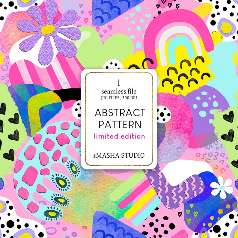 May include: Abstract seamless pattern with bright colors, geometric shapes, and playful elements like hearts, dots, and swirls. The pattern is perfect for digital and print projects.