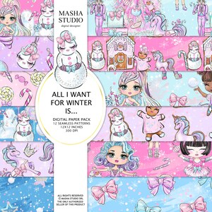 Peut inclure: Un pack de papier numérique avec 12 motifs sans couture représentant des illustrations sur le thème de l'hiver. Les motifs comprennent des bonhommes de neige, des licornes, des cannes en sucre et des filles avec des accessoires d'hiver. Le texte "All I want for winter is..." est affiché au centre de l'image.