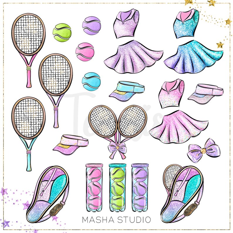 Tennis Girls Clipart, Hand Drawn Illustrations, Cute Tennis Players