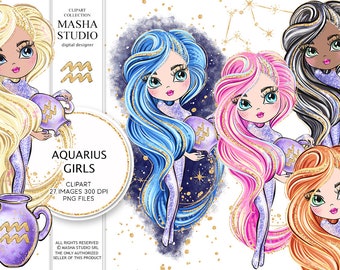Masha Studio's Zodiac Aquarius Sign, Aquarius Clipart, Zodiac Clipart, Astrology Clipart, Planner Stickers, Aquarius Zodiac Illustration