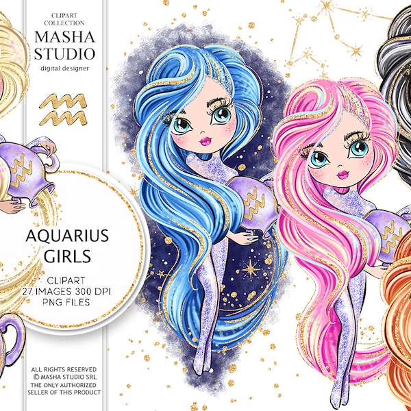 Masha Studio's Zodiac Aquarius Sign, Aquarius Clipart, Zodiac Clipart, Astrology Clipart, Planner Stickers, Aquarius Zodiac Illustration