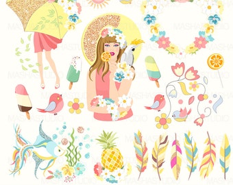 Spring clipart: "SPRING BLOOM CLIPART" with colorful clipart, girl clipart, feather clipart, spring digital, 30 images, 300 dpi. png files