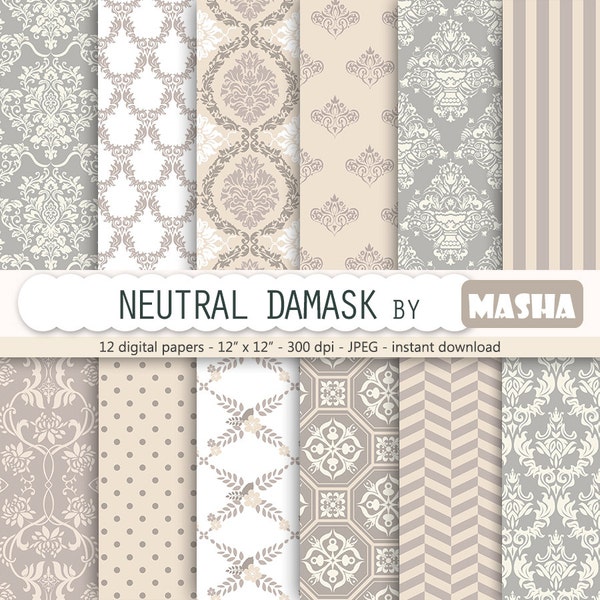 Neutral pastels digital papers: "NEUTRAL DAMASK" with beige grey cream patterns, damask, art nouveau, polkdots, herringbone, stripes