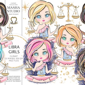 Masha Studio's Zodiac Libra Sign, Libra Clipart, Zodiac Clipart, Astrology Clipart, Libra Girl Clipart, Planner Stickers, Children Zodiac