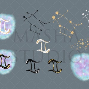May include: A set of digital illustrations featuring the Gemini zodiac sign. The illustrations include a black and white outline of the constellation, a gold and white constellation, a white constellation, a black Gemini symbol, a gold Gemini symbol, a white Gemini symbol, and two Gemini symbols with a blue and purple galaxy background.