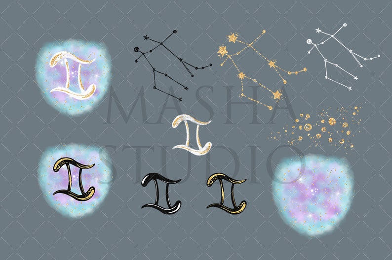 May include: A set of digital illustrations featuring the Gemini zodiac sign. The illustrations include a black and white outline of the constellation, a gold and white constellation, a white constellation, a black Gemini symbol, a gold Gemini symbol, a white Gemini symbol, and two Gemini symbols with a blue and purple galaxy background.