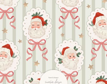 Christmas Cameo Seamless Pattern by Masha Studio: Pastel Christmas Digital Paper, Vintage Santa Claus on Green Stripes (Digital Download)