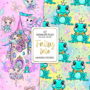 May include: A digital paper pack with 12 seamless patterns featuring fairies, frogs, butterflies, and stars. The patterns are in pink, blue, yellow, and green colors. The text "Fairy tale" is written in a whimsical font.