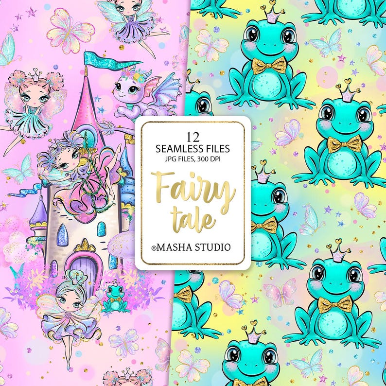 May include: A digital paper pack with 12 seamless patterns featuring fairies, frogs, butterflies, and stars. The patterns are in pink, blue, yellow, and green colors. The text "Fairy tale" is written in a whimsical font.