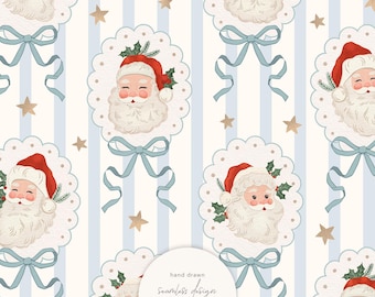Christmas Cameo Seamless Pattern by Masha Studio: Vintage Santa Claus on Blue Stripes, Retro Holiday, Repeat Tile, (Digital Download)