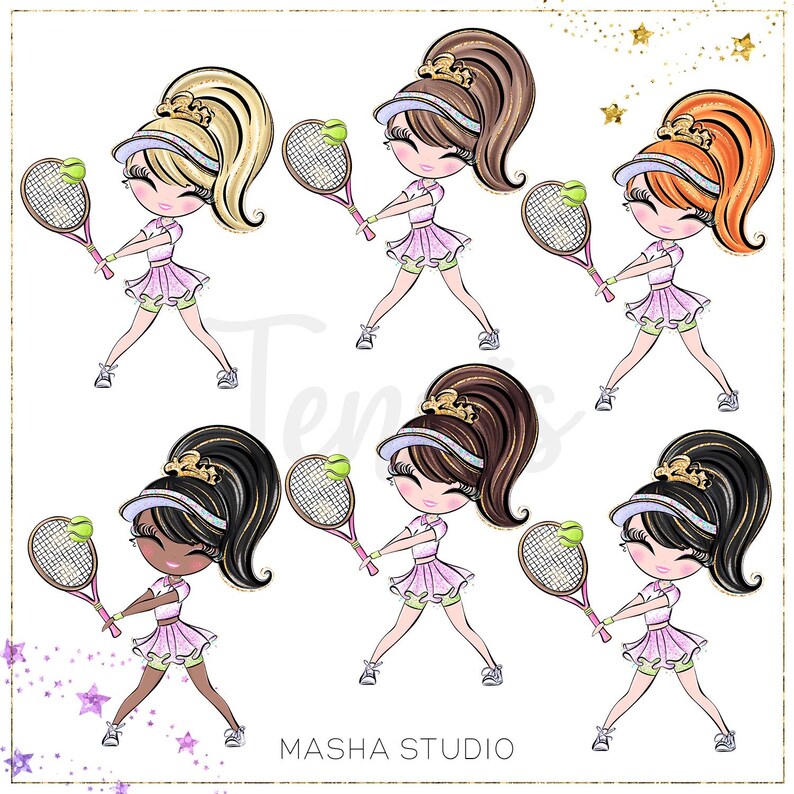 Tennis Girls Clipart, Hand Drawn Illustrations, Cute Tennis Players