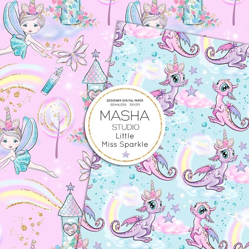 May include: Two seamless digital paper patterns featuring a pink and blue colour scheme. The first pattern features a fairy with a unicorn horn, a rainbow, and a castle. The second pattern features a purple dragon with a unicorn horn, a rainbow, and stars. The text "MASHA STUDIO Little Miss Sparkle" is included in the image.