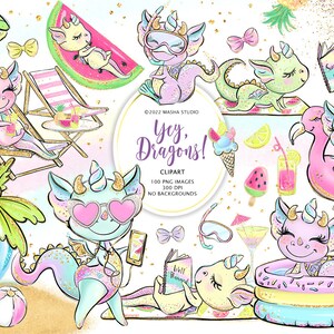 Dragons Clipart, Cute Dragon Clipart, Baby Dragon Clip Art, Summer Clipart, Activities Clipart, Planner Stickers, Beach Clipart, Summer Art image 1