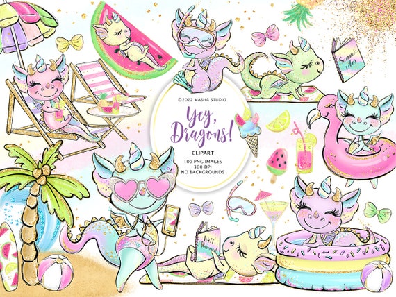 Dragons Clipart, Cute Dragon Clipart, Baby Dragon Clip Art, Summer Clipart, Activities Clipart, Planner Stickers, Beach Clipart, Summer Art
