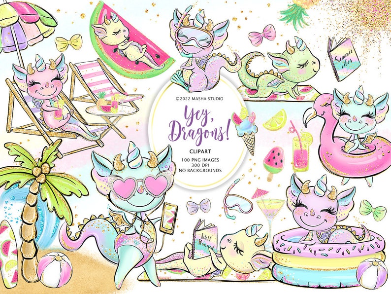 Dragons Clipart, Cute Dragon Clipart, Baby Dragon Clip Art, Summer Clipart, Activities Clipart, Planner Stickers, Beach Clipart, Summer Art image 1