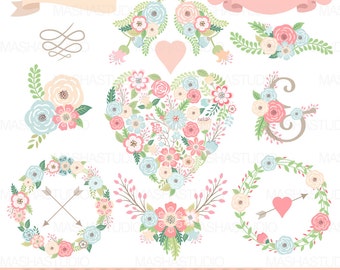 Clipart de mariage floral : « FLORAL WEDDING BELLS » avec clipart coeur floral, couronnes de fleurs, rubans, bouquets de fleurs pour les invitations de mariage