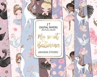 Nahtlose digitale Ballerina-Papiere, Ballerina-Muster, Schwan-Digitalmuster, Pony-Muster, Pferdemuster, Ballerina-Planer-Stickerpapier