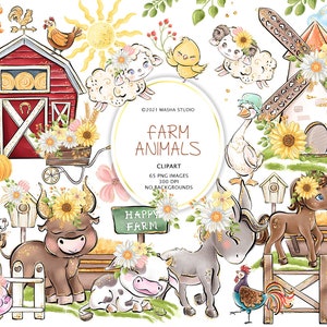 Farm Animals Clipart, farm House Clipart, Cute Animals, Donkey Clipart, Pig, Cow, Horse, Goat, Chicken, Rooster, Duck, Sublimations Design