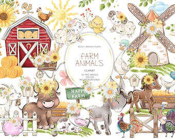 Farm Animals Clipart, farm House Clipart, Cute Animals, Donkey Clipart, Pig, Cow, Horse, Goat, Chicken, Rooster, Duck, Sublimations Design