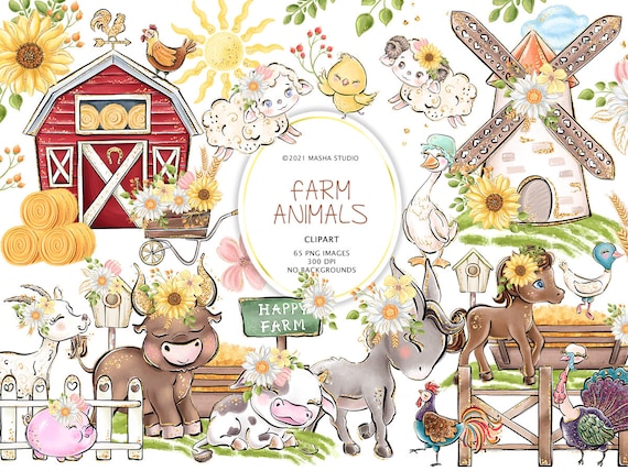 Farm Animals Clipart, farm House Clipart, Cute Animals, Donkey Clipart, Pig, Cow, Horse, Goat, Chicken, Rooster, Duck, Sublimations Design