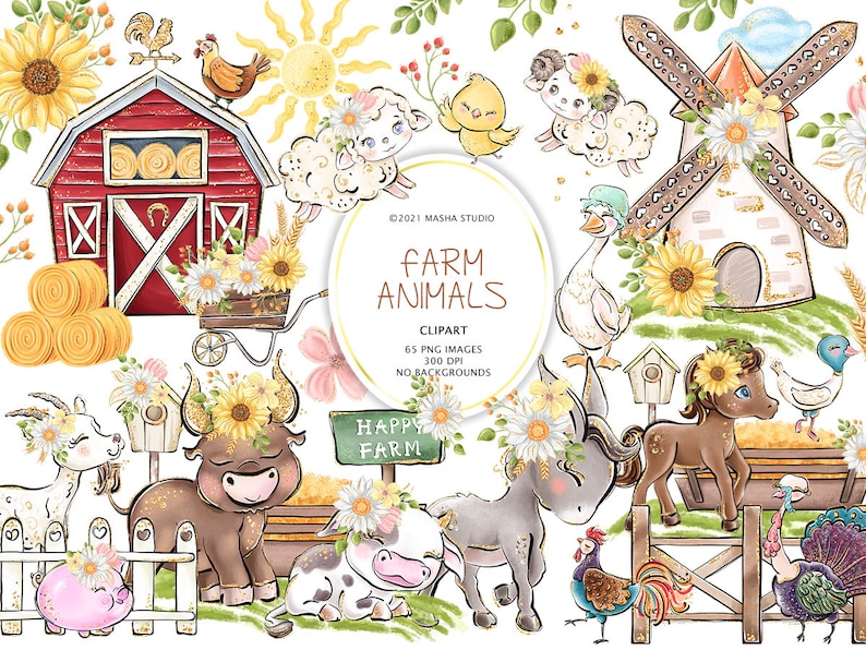 May include: A set of watercolor illustrations featuring farm animals, a red barn, a windmill, and other farm-themed elements. The illustrations are in a whimsical style with bright colors and details. The set includes a cow, a pig, a donkey, a horse, a sheep, a goose, a rooster, a turkey, and a chicken.