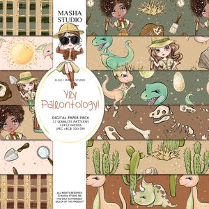 以下が含まれることがあります： 「Yey Paleontology!」をテーマにした、12種類のシームレスパターンを収録したデジタルペーパーパック。恐竜、探検家、サボテンなどのイラストが描かれています。各パターンは30.48 x 30.48 cmです。