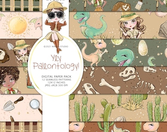 Masha Studio's Dinosaurs Digital Papers, Paleontology Patterns, Dino Backgrounds, Dinosaurs Surface Design, Archaeology Pattern