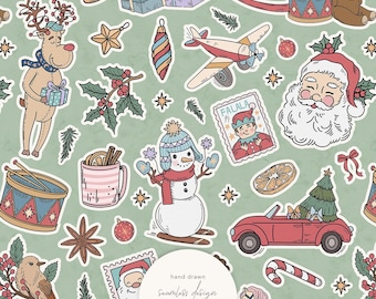 Vintage Christmas Seamless Pattern by Masha Studio | Classic Retro Holiday Digital Paper | Cute Santa & Reindeer | Instant Download