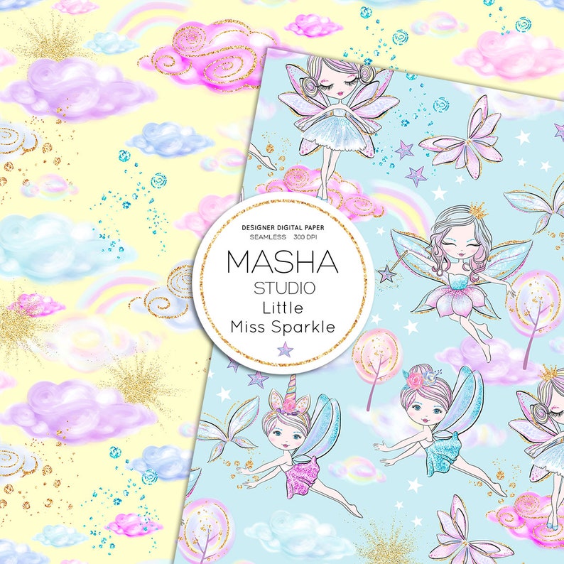 May include: A seamless digital paper pattern featuring fairies with wings, flowers, and stars on a light blue background. The pattern is designed by Masha Studio Little Miss Sparkle.