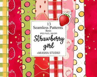 Strawberry Digital Papers, Seamless Strawberry Patterns, Fabric Designs, Planner Stickers, Gingham Pattern, Strawberry Pattern, Red Pattern