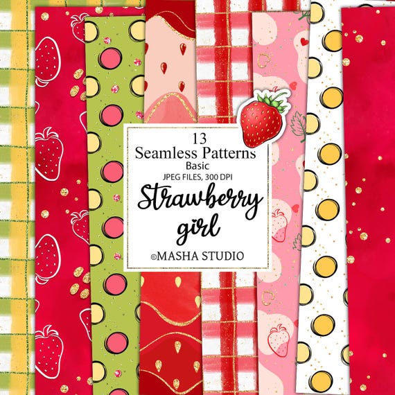 Strawberry Digital Papers, Seamless Strawberry Patterns, Fabric Designs, Planner Stickers, Gingham Pattern, Strawberry Pattern, Red Pattern