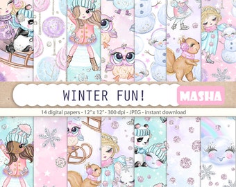 Winter Fun Digital Papers, Winter Digital Paper, Panda Pattern, Owl Digital Paper, Squirrel Digital Paper, Animal Pattern, Girl Digital