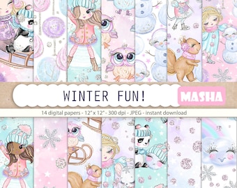 Winter Fun Digital Papers, Winter Digital Paper, Panda Pattern, Owl Digital Paper, Squirrel Digital Paper, Animal Pattern, Girl Digital