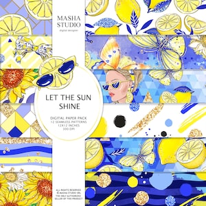 Może przedstawiać: Pakiet papieru cyfrowego z 12 wzorami bez szwów przedstawiającymi cytryny, motyle, słoneczniki i wzory geometryczne w kolorze żółtym, niebieskim i złotym. Tekst "Let the Sun Shine" znajduje się w środku obrazu. Tekst "Digital Paper Pack" znajduje się pod tytułem. Tekst "12 Seamless Patterns" znajduje się pod tekstem "Digital Paper Pack". Tekst "12x12 Inches" znajduje się pod tekstem "12 Seamless Patterns". Tekst "300 DPI" znajduje się pod tekstem "12x12 Inches". Tekst "All Rights Reserved Masha Studio SRL The Only Authorised Seller of This Product" znajduje się w prawym dolnym rogu obrazu.
