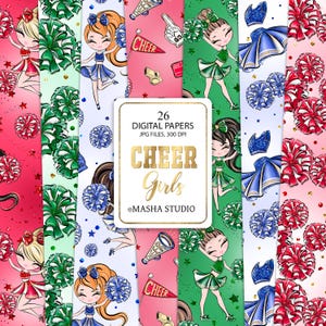 May include: A set of 26 digital papers featuring cheerleaders with pom-poms, stars, and the words "Cheer Girls". The papers are in a variety of colours, including red, green, blue, and white.