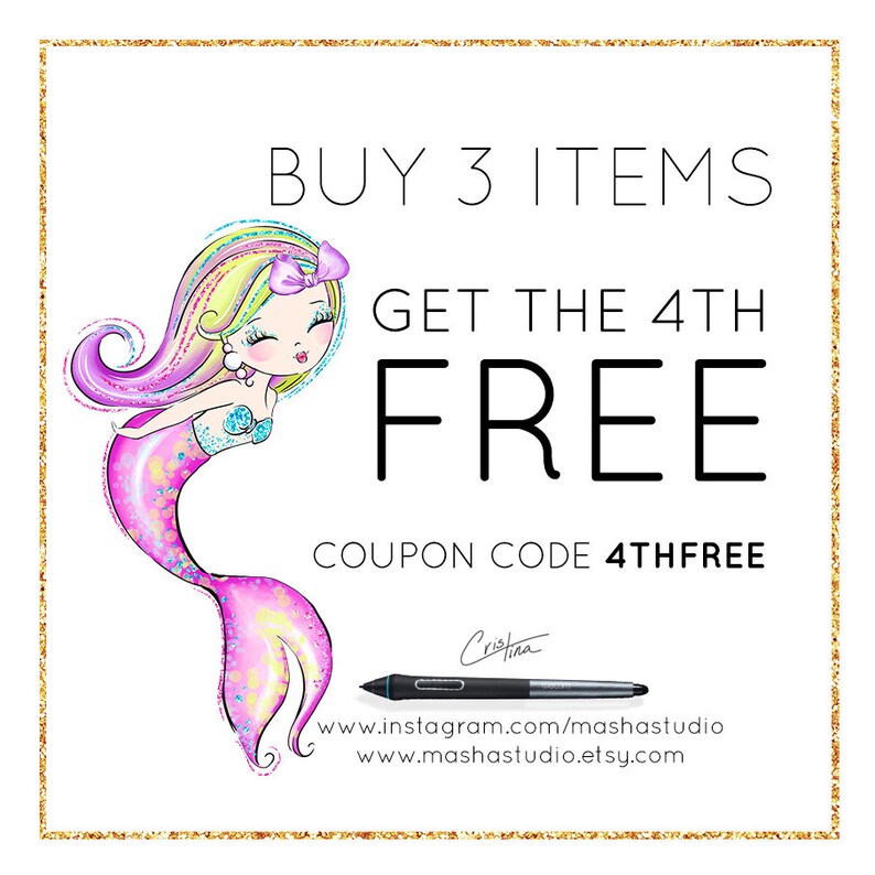 May include: A colorful illustration of a mermaid with a pink tail and purple hair. The text reads "Buy 3 items get the 4th free. Coupon code 4THFREE".