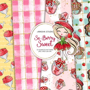 May include: A set of 20 digital seamless patterns featuring a strawberry theme. The patterns include strawberries, jars of jam, gingham, and cute girls with strawberry accents. The patterns are in pink, red, white, and blue.