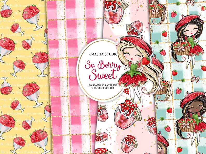 May include: A set of 20 digital seamless patterns featuring a strawberry theme. The patterns include strawberries, jars of jam, gingham, and cute girls with strawberry accents. The patterns are in pink, red, white, and blue.