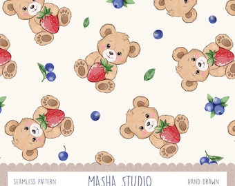 Cute Teddy Bear and Berries Seamless Pattern by Masha Studio | Bear with Strawberry and Blueberry Print | Digital Download