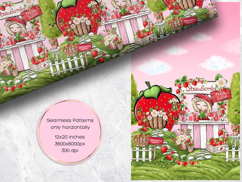 May include: A seamless pattern featuring a strawberry-themed juice stand with a cartoon girl selling fresh strawberry juice. The stand is decorated with pink and white stripes and has a sign that reads "Strawberries Fresh Juice". The pattern is repeated horizontally and is ideal for crafting projects.
