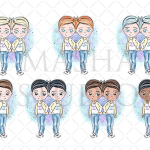 May include: Set of ten digital illustrations of twin boys in various skin tones. Each pair of twins is wearing a yellow shirt with a blue and purple zodiac symbol, blue jeans, and white sneakers. The twins are standing side-by-side with their arms around each other. The background is a light blue with a watercolor effect.
