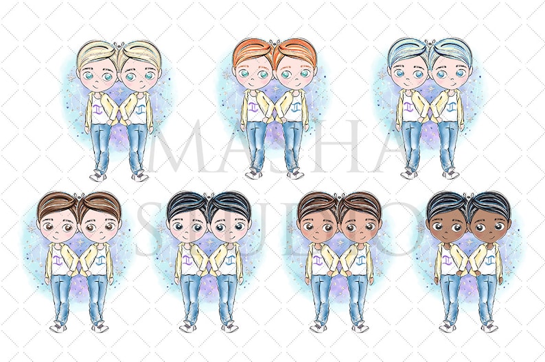 May include: Set of ten digital illustrations of twin boys in various skin tones. Each pair of twins is wearing a yellow shirt with a blue and purple zodiac symbol, blue jeans, and white sneakers. The twins are standing side-by-side with their arms around each other. The background is a light blue with a watercolor effect.