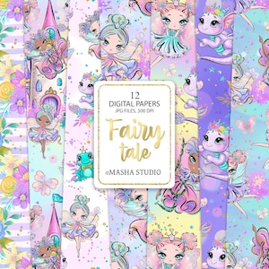 May include: A set of 12 digital papers featuring a whimsical fairy tale theme. The papers feature cute fairies, dragons, and other magical creatures in a pastel color palette. The papers are perfect for scrapbooking, card making, and other craft projects.  12 DIGITAL PAPERS JPG FILES, 300 DPI Fairy tale &copy;MASHA STUDIO