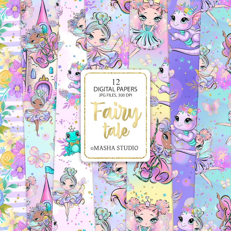 May include: A set of 12 digital papers featuring a whimsical fairy tale theme. The papers feature cute fairies, dragons, and other magical creatures in a pastel color palette. The papers are perfect for scrapbooking, card making, and other craft projects.  12 DIGITAL PAPERS JPG FILES, 300 DPI Fairy tale &copy;MASHA STUDIO
