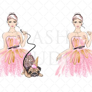 May include: Two illustrations of women in pink dresses with gold accents. Each woman is holding a leash attached to a pug wearing a leopard print and ice cream cone costume.
