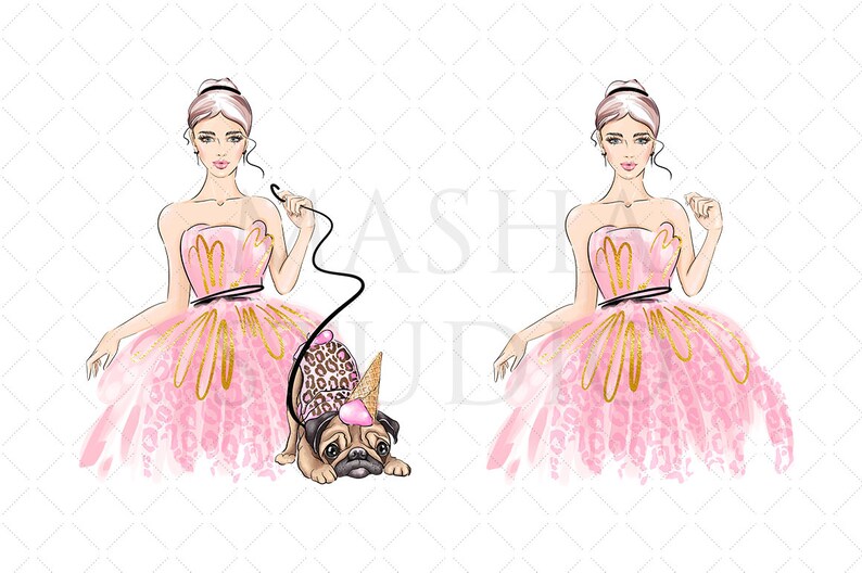May include: Two illustrations of women in pink dresses with gold accents. Each woman is holding a leash attached to a pug wearing a leopard print and ice cream cone costume.