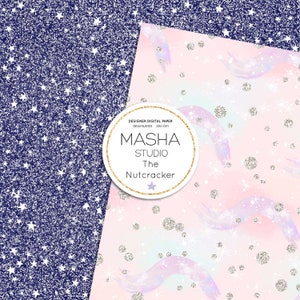 May include: A digital paper pack with two seamless patterns. The first pattern is a navy blue background with white stars and glitter. The second pattern is a pink background with silver glitter, white stars, and iridescent blue and purple swirls. The text "DESIGNER DIGITAL PAPER SEAMLESS 300 DPI MASHA STUDIO The Nutcracker" is in a white circle on the pink pattern.